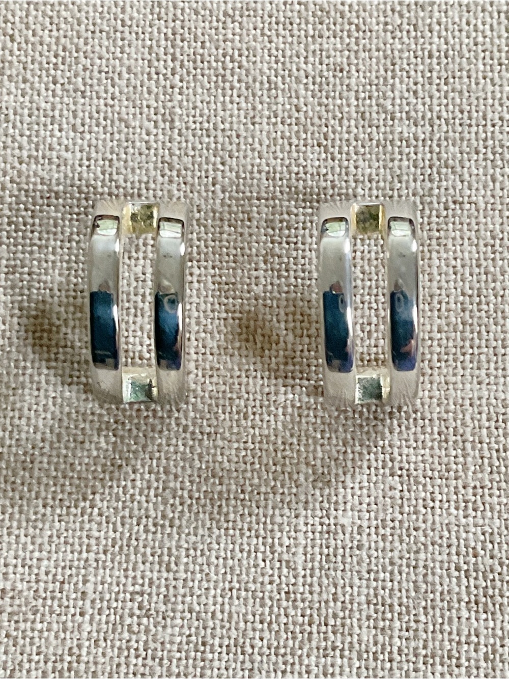 Vintage Napier Silver Tone Double Band Hoop Earrings Modernist Minimalist